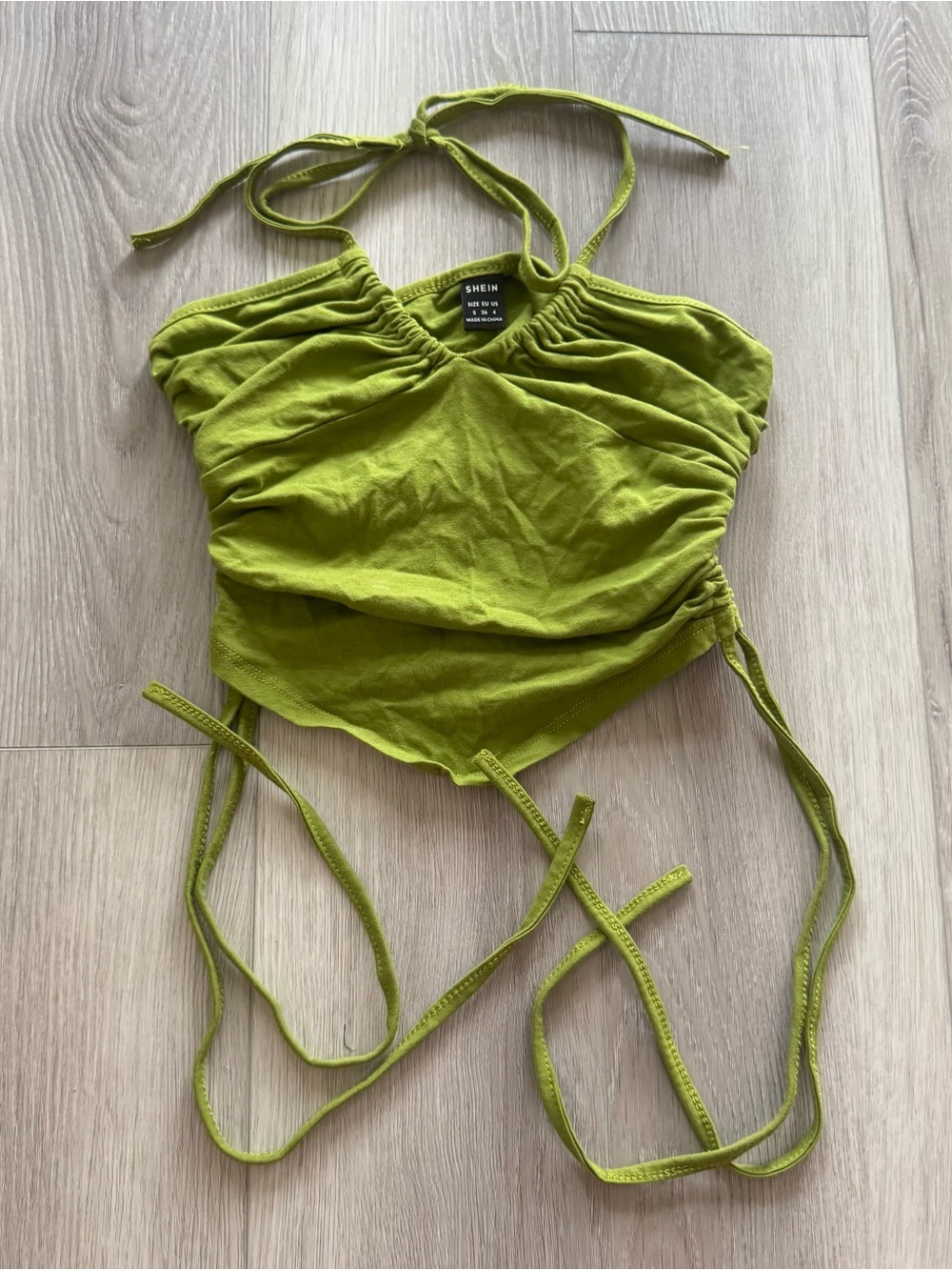 SHEIN Lime Green Halter Ruched Tie-Back Crop Top